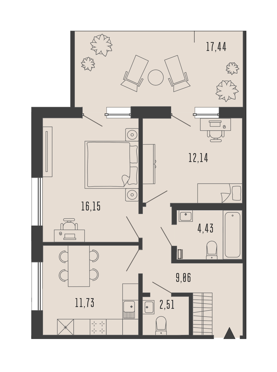 2-комнатная квартира 61.25 м², 1/5 эт., Комплекс апартаментов «Bereg. Курортный»
